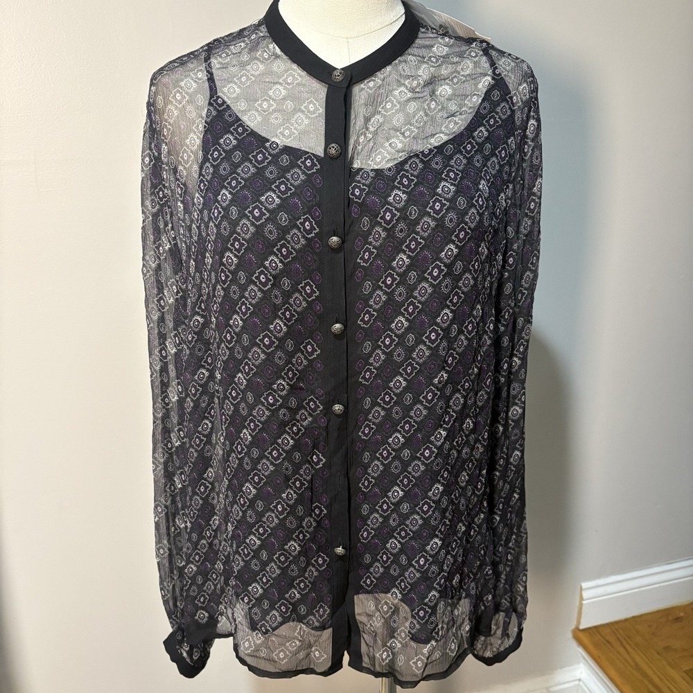 Charter Club Womens 14 100% Silk Blouse Button Down Purple Black Geometric